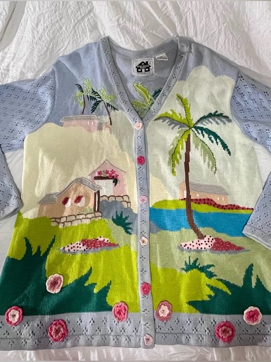 Storybook Knits Sweaters - VTG/Y2K/90s Storybook Knits For HSN Beaded | SZ 1X | Rare!! Theme:Vacation Spa🌴